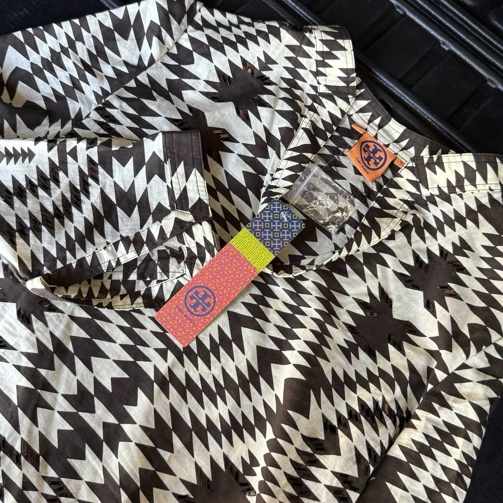Tory Burch Printed V-Neck Embellished Tunic‎ Blouse Brown & Neutrals Size 10